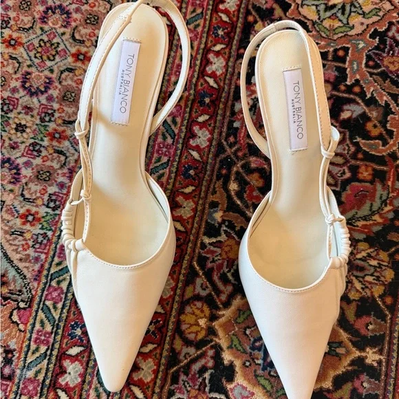 Tony Bianco Cream Pointed Toe Slingback Pumps with Ruched Strap - Picture 2 of 5